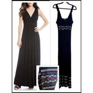 Karen Kane maxi dress Women Large v-neck sleeveless Black Embroidered Western
